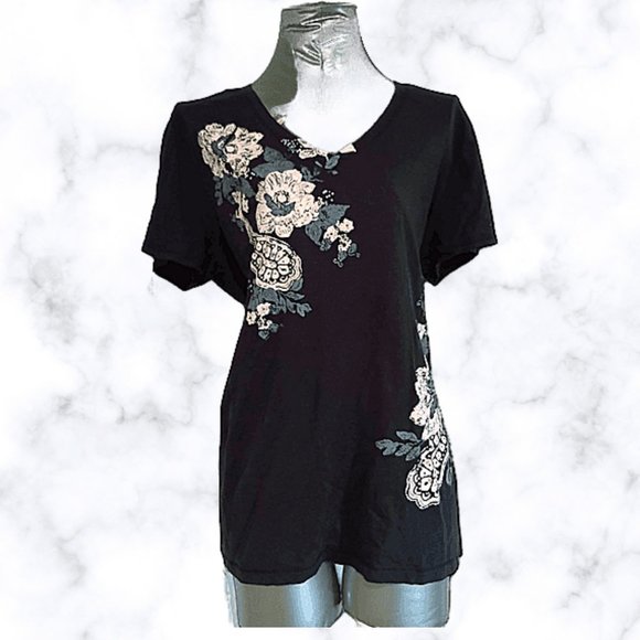 ♣️Navy Short Sleeve T-shirt w White Floral Paisley - Picture 1 of 5
